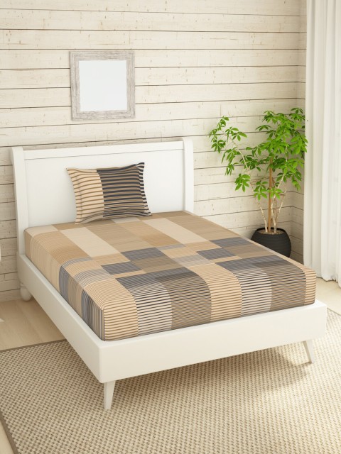 

SPACES Beige & Grey Striped 144 TC Single Anti-bacterial Bedsheet with 2 Pillow Covers