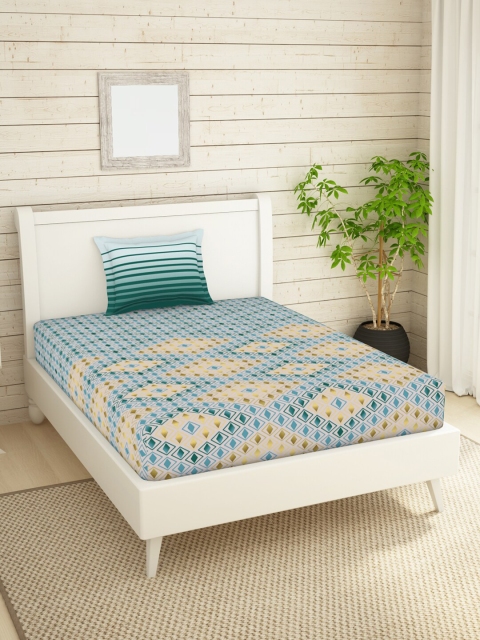 

SPACES Green & Grey Geometric 144 TC Cotton Single Bedsheet with 2 Pillow Covers