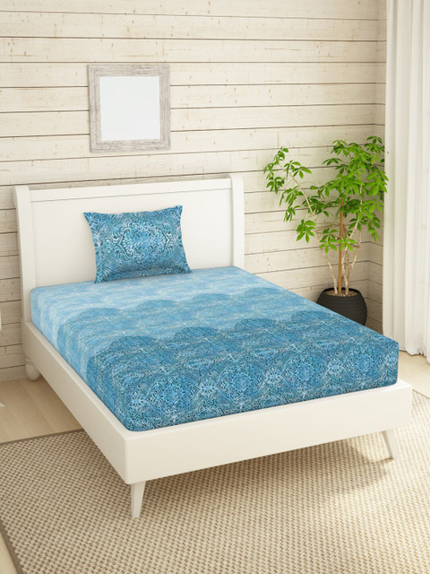 

SPACES Blue Ethnic Motifs 144 TC Single Bedsheet with 1 Pillow Covers