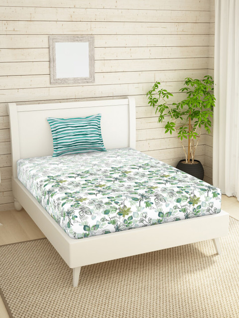

SPACES Green & White Floral 144 TC Pure Cotton Single Bedsheet with 1 Pillow Cover