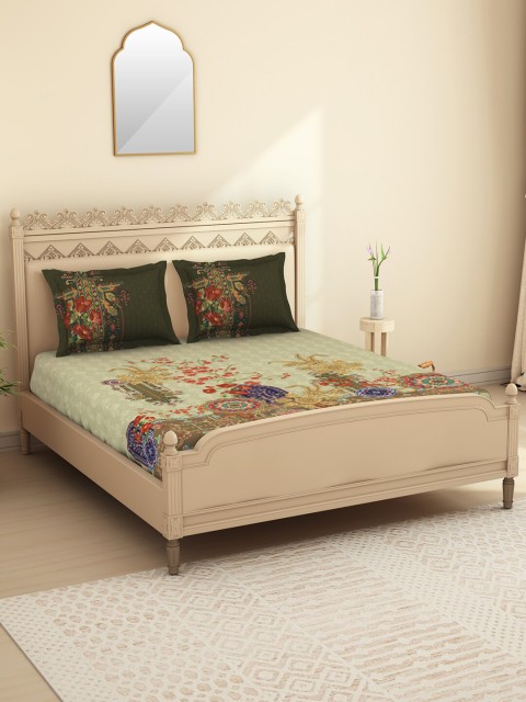 

SPACES Green & Blue Ethnic Motifs 210 Cotton 1 King Fine Bedsheet With 2 Pillow Covers