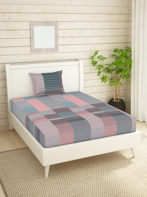 

SPACES Pink & Teal Striped 144 TC Single Bedsheet with 1 Pillow Covers