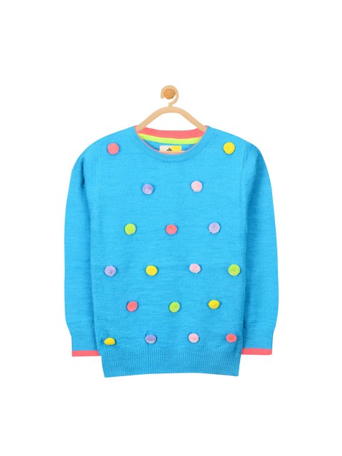 

Cherry Crumble Girls Blue & Yellow Self Design Pullover with Fuzzy Detail