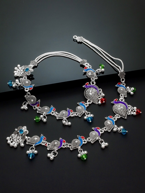 

aadita Set of 2 Oxidised Silver-Plated Red & Blue Stone-Studded Peacock Anklets