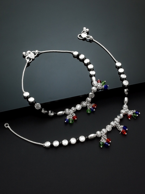 

aadita Set of 2 Oxidised Silver-Plated Red & Green Stone-Studded Handcrafted Anklets