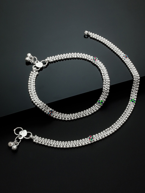 

aadita Set of 2 Oxidised Silver-Plated Pink & Blue Stone-Studded Handcrafted Anklets