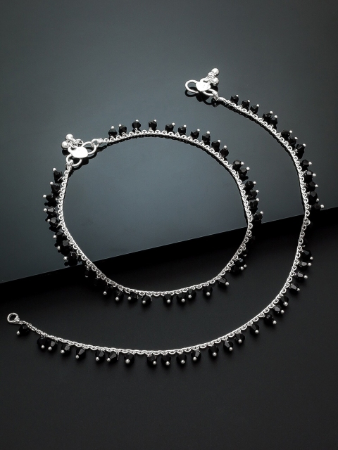 

aadita Set of 2 Oxidised Silver-Plated Black Stone-Studded Handcrafted Anklets