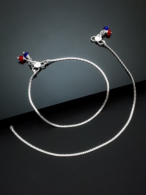 

Aadita Set of 2 Oxidised Silver-Plated Red & Blue Stone-Studded Handcrafted Anklets