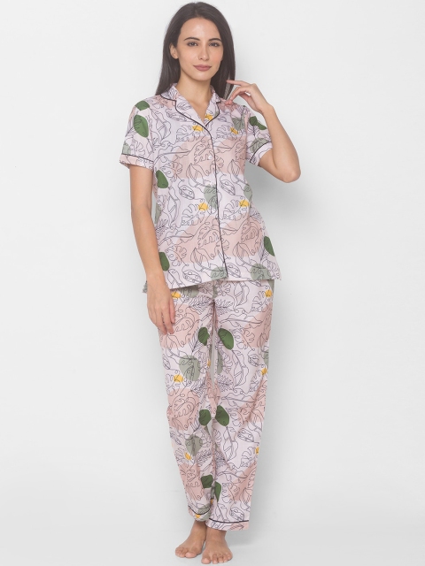 

FashionRack Women Beige & Black Abstract Printed Pure Cotton Night Suit