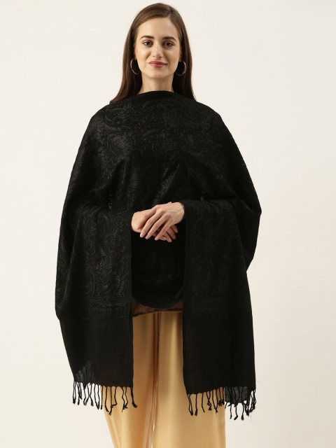 

Pashmoda Women Black Solid Embroidered Pure Wool Shawl