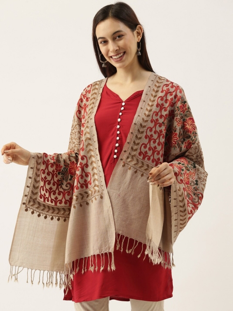 

Pashmoda Women Beige & Red Embroidered Pure Wool Shawl