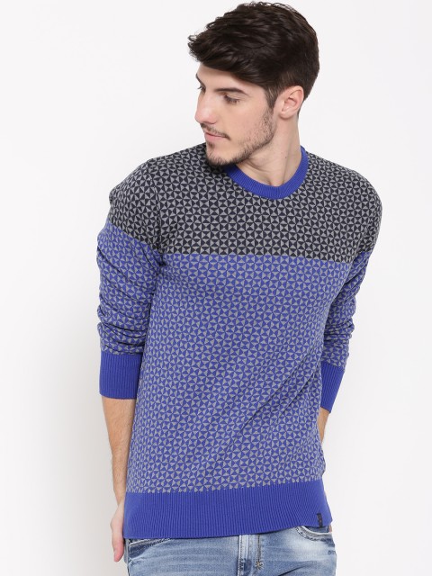 

United Colors of Benetton Men Blue & Grey Melange Patterned Sweater