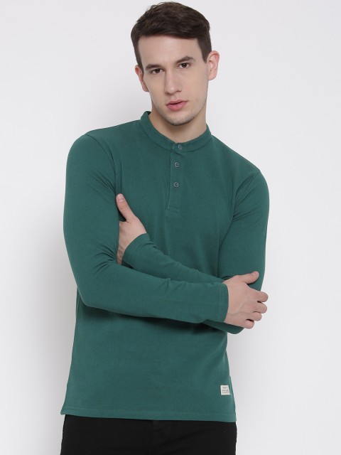United Colors of Benetton Men Teal Green Solid Henley Neck T-shirt