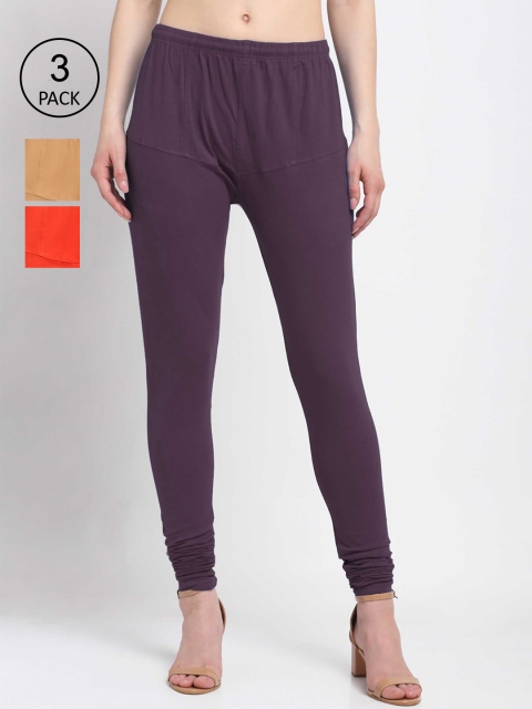 

KLOTTHE Women Pack Of 3 Solid Churidar-Length Cotton Leggings, Purple