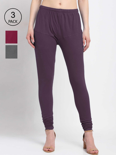 

KLOTTHE Women Pack Of 3 Multicoloured Solid Cotton Churidar-Length Leggings, Maroon