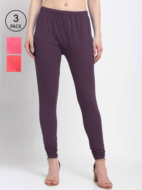 

KLOTTHE Women Pack Of 3 Solid Churidar-Length Cotton Leggings, Purple