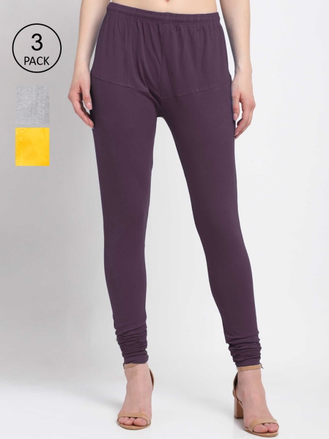 

KLOTTHE Women Pack Of 3 Solid Cotton Churidar-Length Leggings, Violet