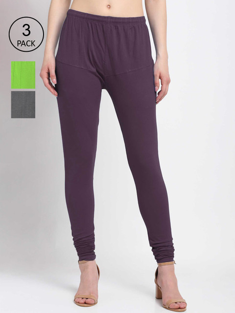 

KLOTTHE Women Pack Of 3 Solid Churidar-Length Cotton Leggings, Purple