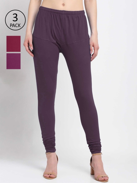 

KLOTTHE Women Pack Of 3 Solid Cotton Churidar-Length Leggings, Burgundy