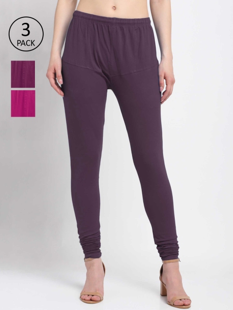 

KLOTTHE Women Pack Of 3 Solid Cotton Churidar Leggings, Violet