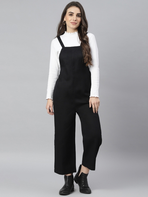 

DEEBACO Women Black & White Solid Shoulder Straps Cotton Basic Jumpsuit