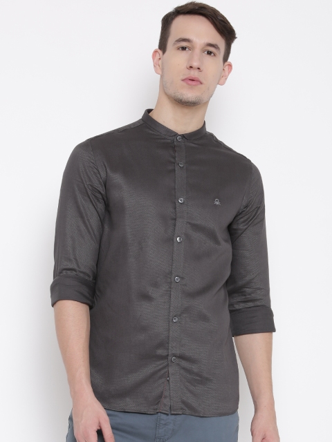 

United Colors of Benetton Men Charcoal Grey Patterned Casual Shirt