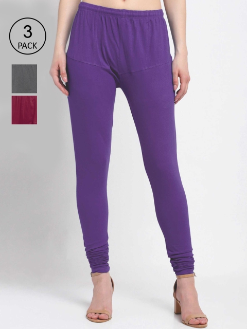 

KLOTTHE Women Pack Of 3 Solid Cotton Churidar-Length Leggings, Violet