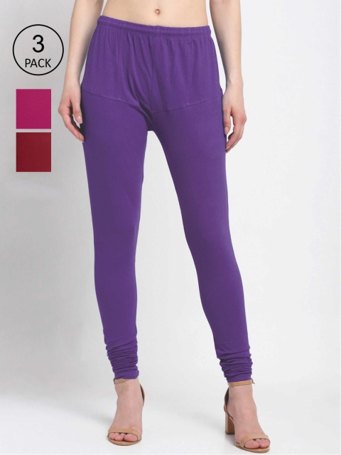 

KLOTTHE Women Pack Of 3 Solid Cotton Churidar-Length Leggings, Violet