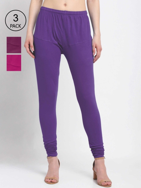 

KLOTTHE Women Pack Of 3 Solid Cotton Churidar-Length Leggings, Purple