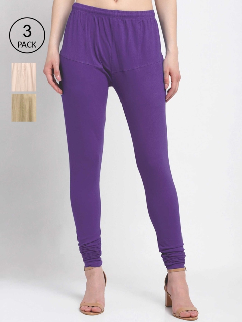 KLOTTHE Women Pack Of 3 Solid Churidar-Length Cotton Leggings, Purple