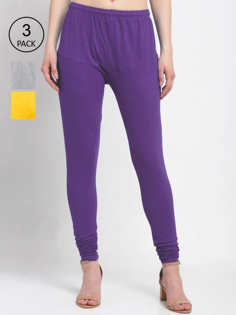 

KLOTTHE Women Pack Of 3 Solid Cotton Churidar-Length Leggings, Violet