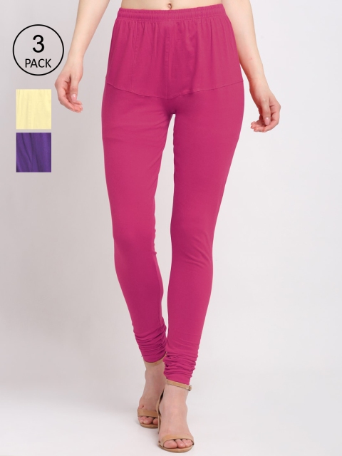 

KLOTTHE Women Pack Of 3 Solid Cotton Churidar-Length Leggings, Violet