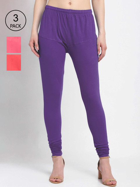 

KLOTTHE Women Pack Of 3 Solid Cotton Churidar-Length Leggings, Purple