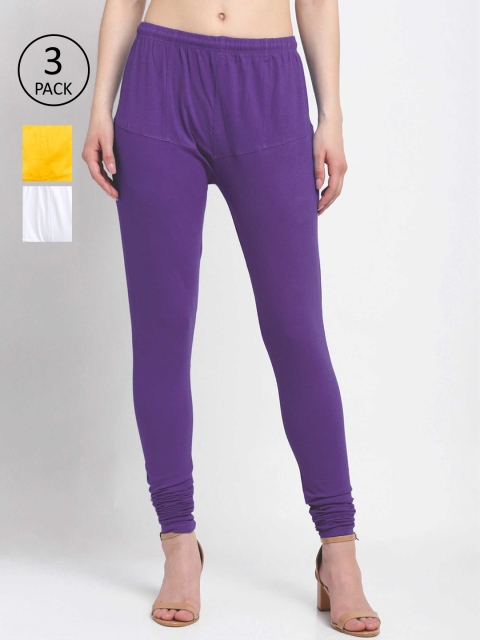 

KLOTTHE Women Pack Of 3 Solid Cotton Churidar-Length Leggings, Purple