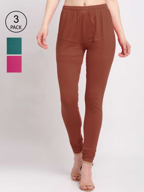 

KLOTTHE Women Pack Of 3 Solid Cotton Churidar-Length Leggings, Brown