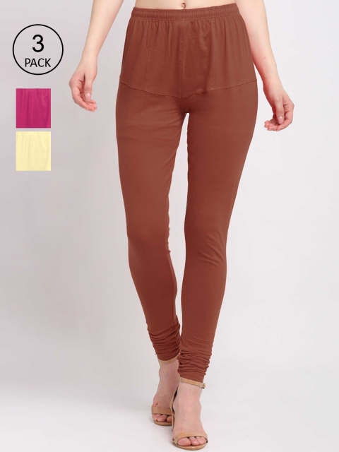 

KLOTTHE Women Pack Of 3 Solid Cotton Churidar Leggings, Rust