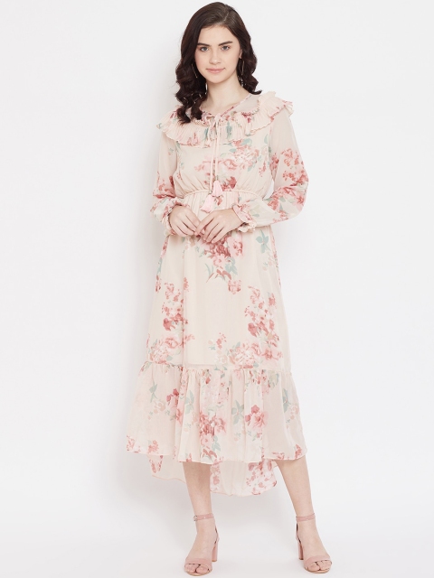 

Madame Pink & Blue Floral Tie-Up Neck A-Line Midi Dress
