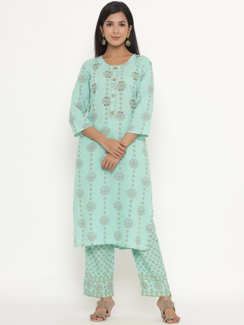 

ANAISA Women Blue Ethnic Motifs Printed Beads and Stones Kurta with Palazzos