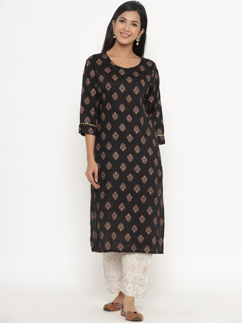 

ANAISA Women Black Ethnic Motifs Printed Regular Kurta with Trousers