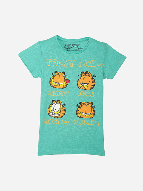 

Kids Ville Girls Green & Orange Garfield Printed Cotton T-shirt