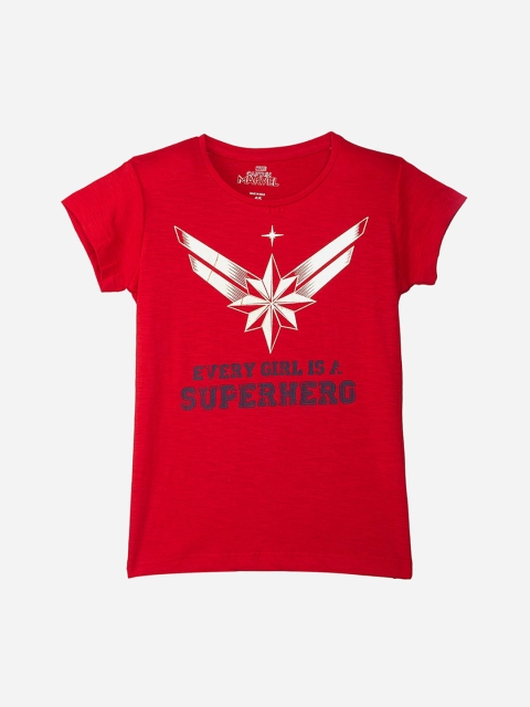 

Kids Ville Girls Red & White Captain Marvel Printed Cotton T-shirt