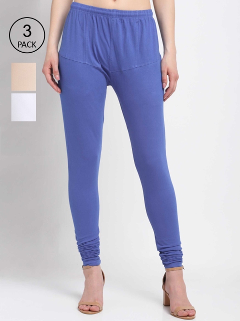 

KLOTTHE Women Pack Of 3 Solid Cotton Churidar-Length Leggings, Blue
