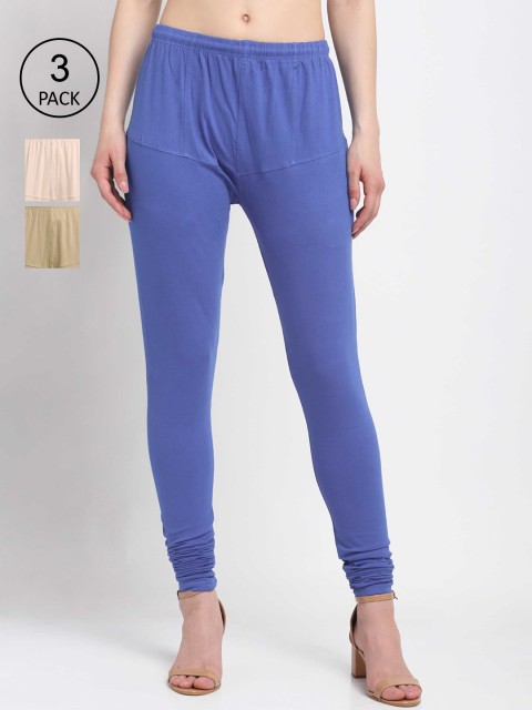 

KLOTTHE Women Pack Of 3 Solid Churidar-Length Cotton Leggings, Blue