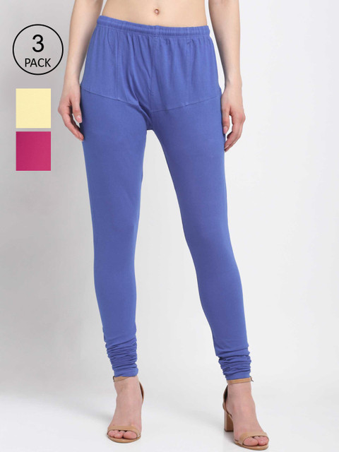 

KLOTTHE Women Pack Of 3 Solid Cotton Churidar-Length Leggings, Blue
