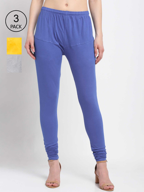 

KLOTTHE Women Pack Of 3 Solid Cotton Churidar-Length Leggings, Blue