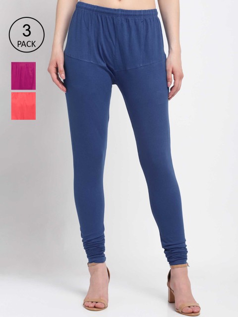 

KLOTTHE Women Pack Of 3 Solid Churidar-Length Cotton Leggings, Blue