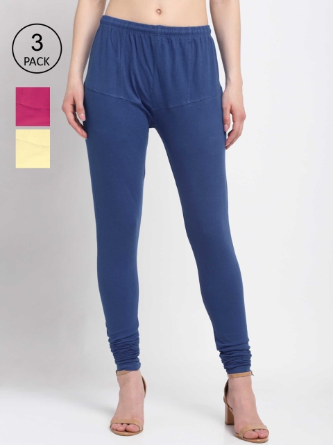 

KLOTTHE Women Pack Of 3 Solid Cotton Churidar-Length Leggings, Blue