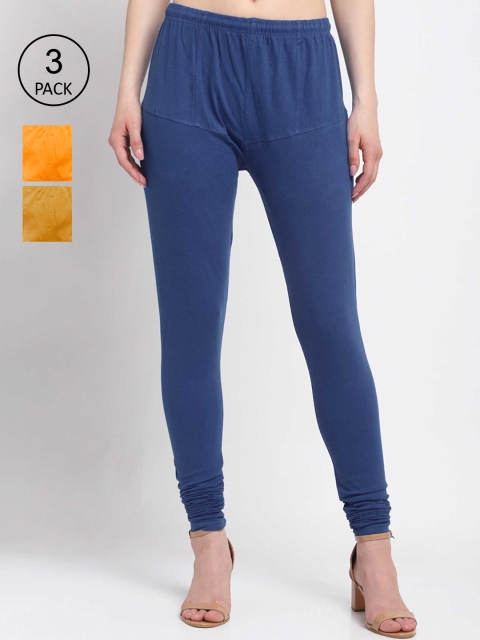

KLOTTHE Women Pack Of 3 Solid Churidar-Length Cotton Leggings, Blue