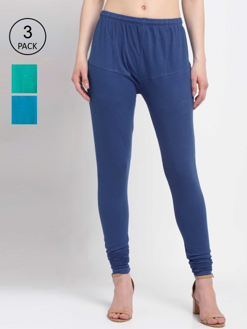 

KLOTTHE Women Pack Of 3 Solid Churidar Leggings, Blue
