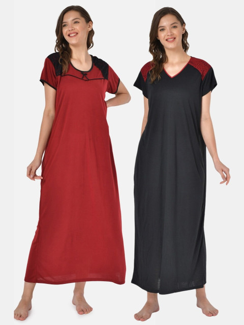 

Klamotten Women Pack Of 2 Black & Maroon Solid Everyday Regular Night Dresses